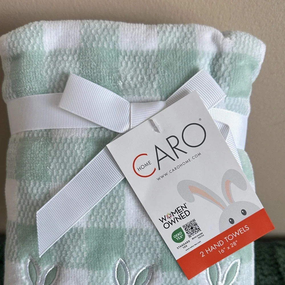 Caro Home Easter Bunny 🐰 Hand Towels Mint Green & White Check Set of 2 NEW!
